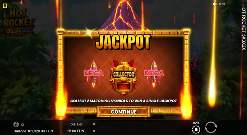 Hot Rocket 5x 3x 2x - 中央にコレクターロケットがあるJackpot Spinsの開始