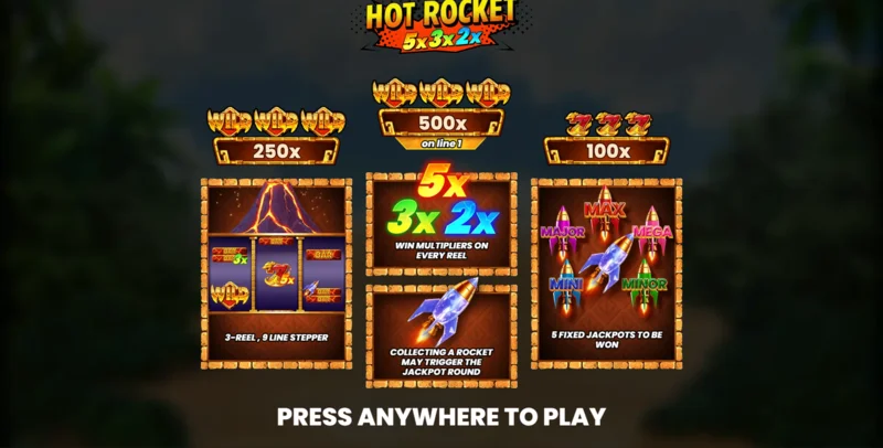 Hot Rocket 5x 3x 2x - リールと開始ボタンがあるメインメニュー